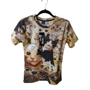 Mr. 1991 Inc Miss Go Womens Crazy Cat Graphic Printed Short Sleeve T-Shirt Sz L